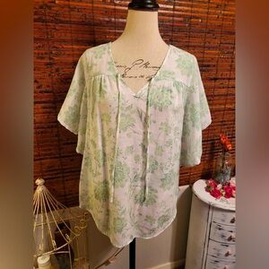 Cato Green and White Short Sleeve Tie Front Blouse